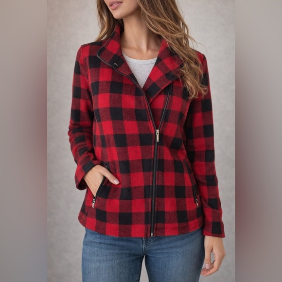 Chaps Jackets & Blazers - Red Black Buffalo Plaid Jacket Asymmetrical Zip Knit Small Petite